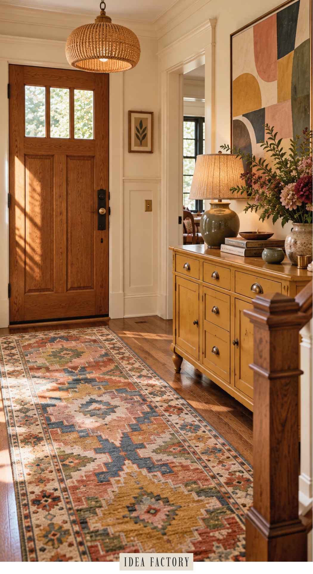 A colorful entryway featuring a wooden door, a long patterned runner rug, and a yellow sideboard topped with a lamp and a vase of flowers.