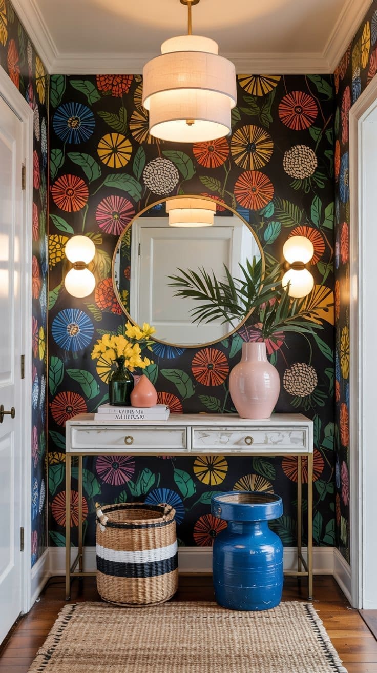 A small entryway features a floral wallpaper with bold, colorful flowers, a round mirror, a white console table with books, a pink vase with leaves, a yellow flower bouquet, striped basket, blue ceramic stool, and layered lighting.