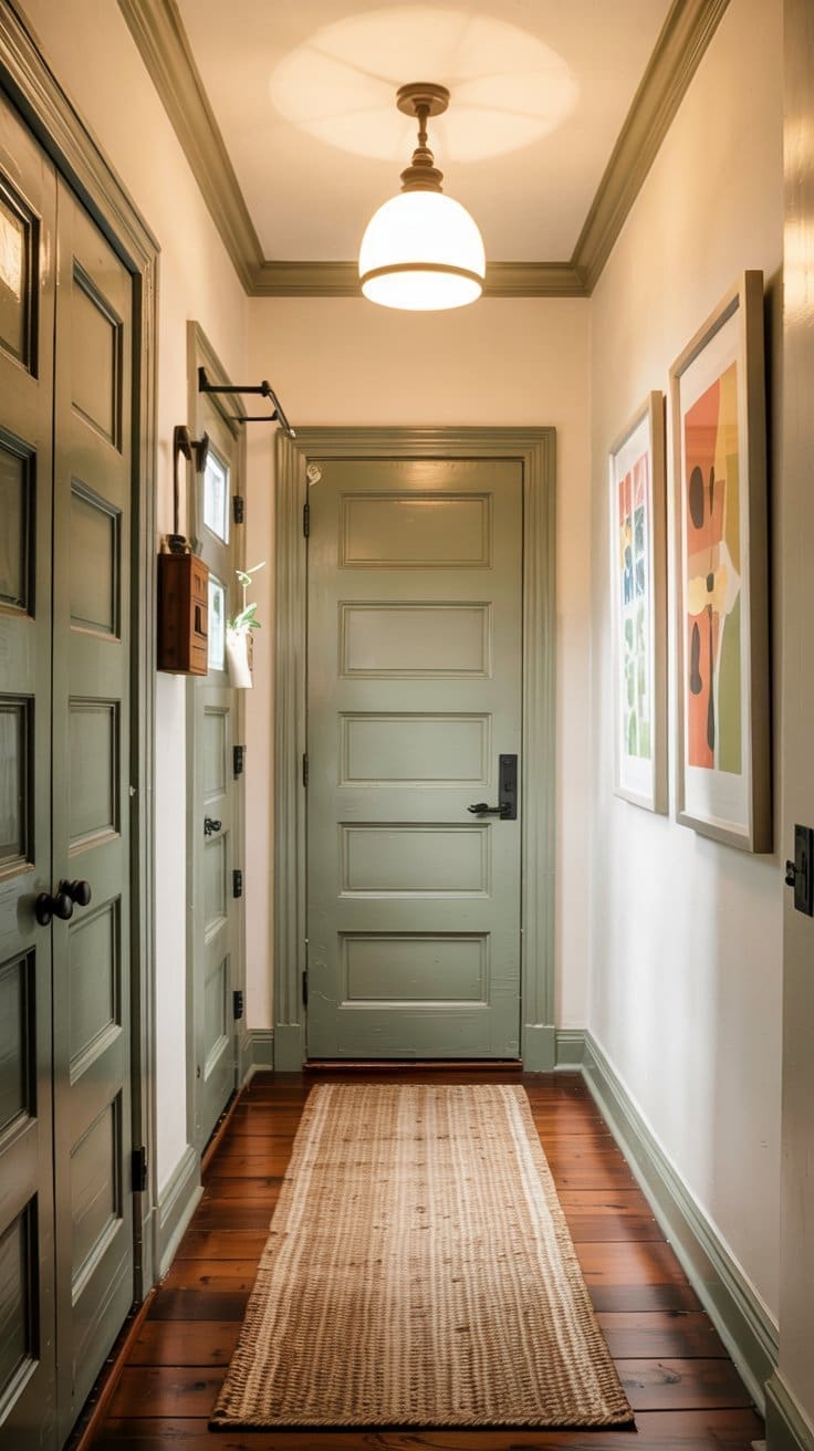 A narrow hallway with light gray doors and trim, white walls, framed colorful abstract art, a striped beige rug on polished wooden floors, and a round ceiling light.