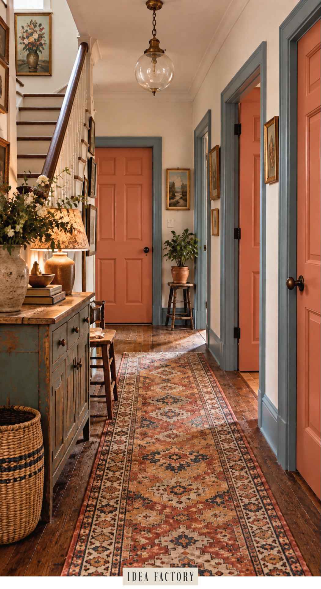 A long, colorful entryway features hardwood floors, a patterned runner rug, and several doors painted coral with blue trim.