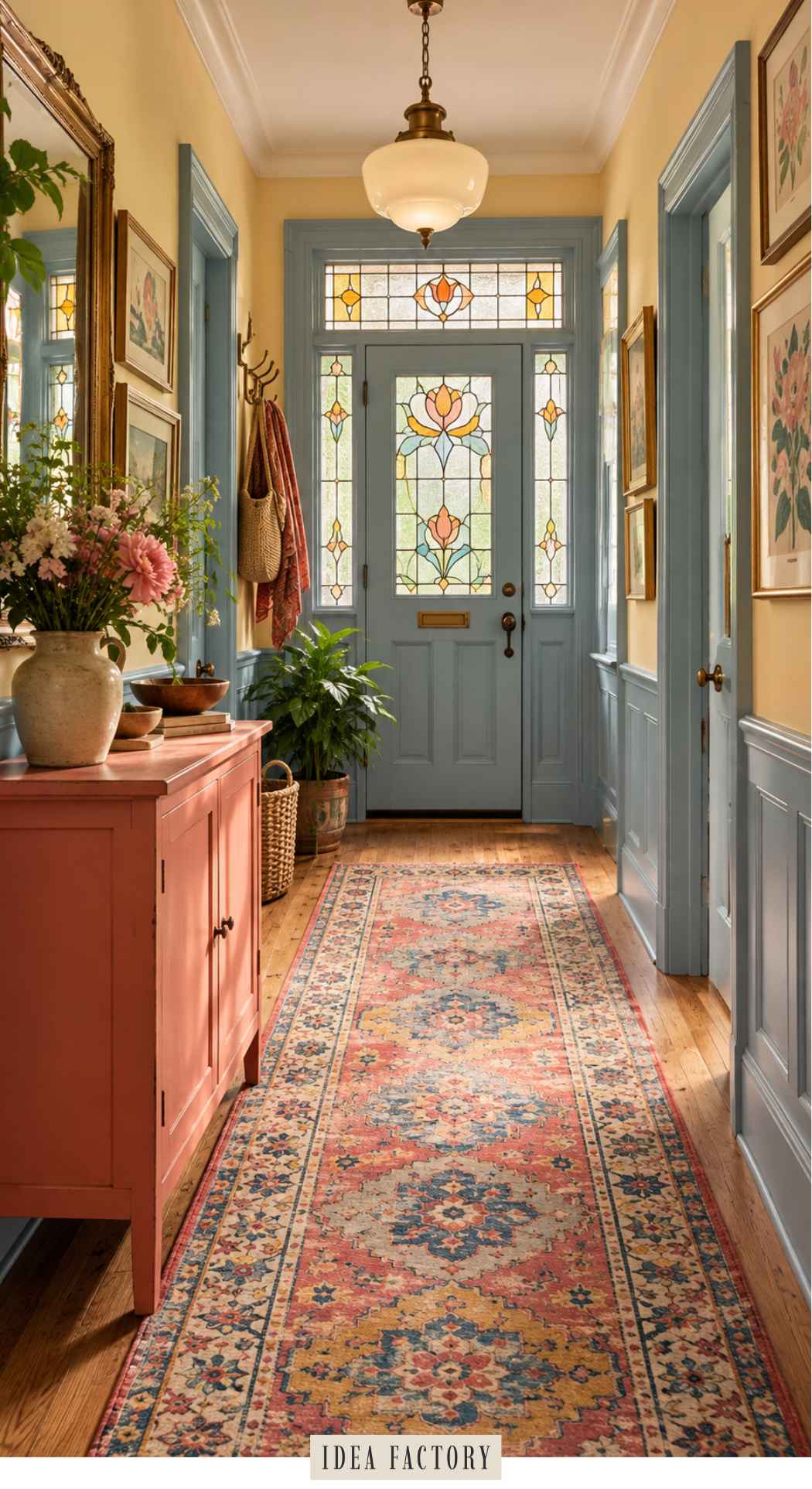 A colorful entryway featuring a coral console table, a patterned runner rug, and a light blue door with stained glass panels.