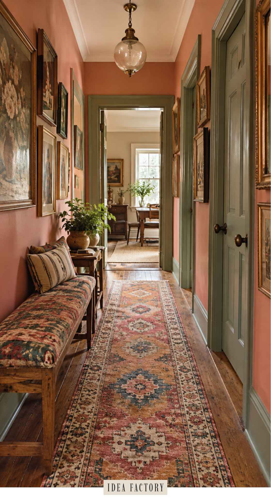 A colorful entryway features a long hallway with coral walls, a patterned runner rug, and a bench, leading to a view of a dining room.