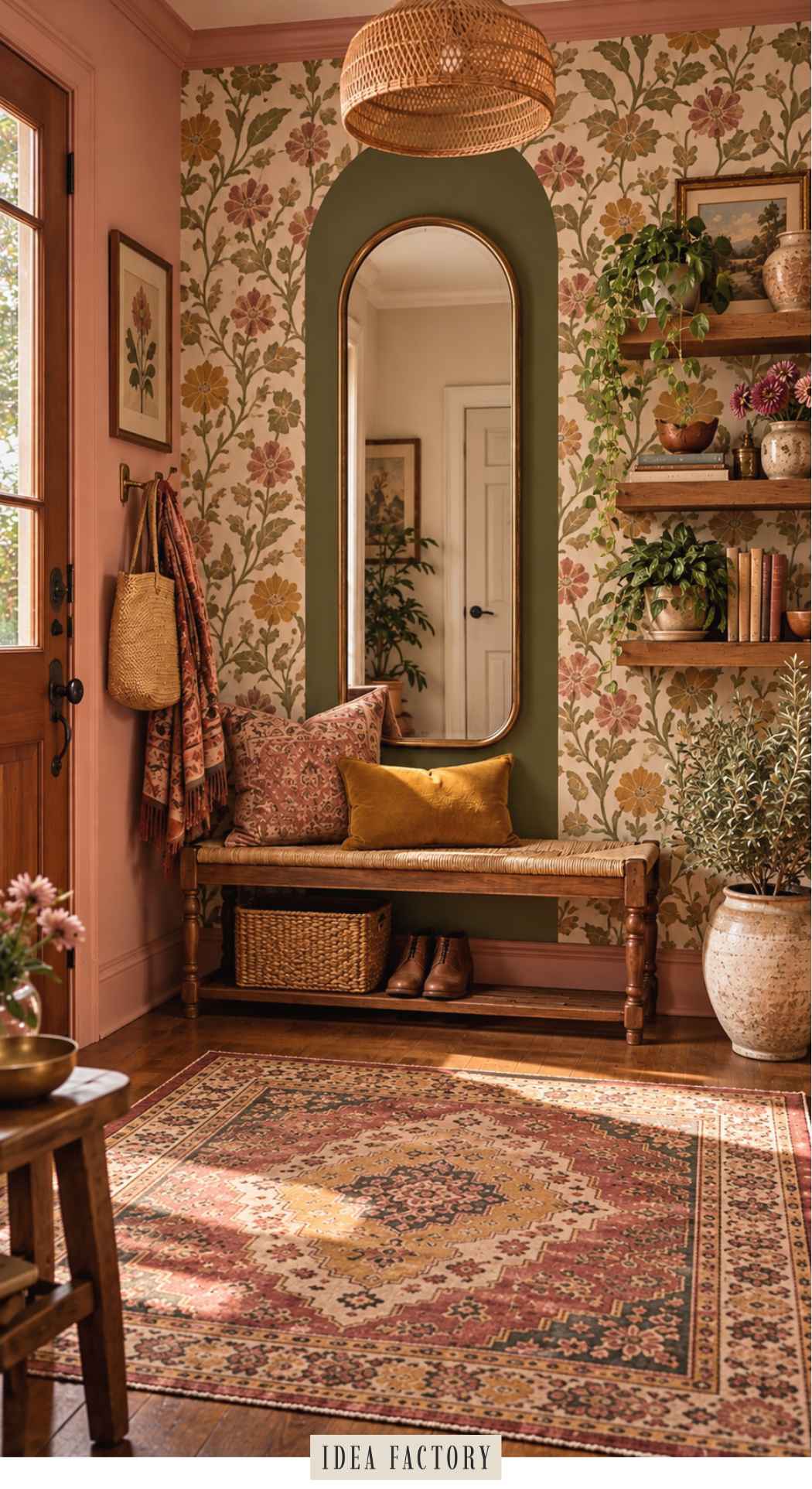 A colorful entryway featuring floral wallpaper, a bench with cushions and shoes, a large arched mirror, and wooden shelving with potted plants.