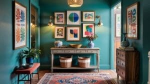A vibrant hallway with teal walls, colorful abstract art, a decorative rug, a wooden console table with baskets underneath, and various plants and vases, creating an eclectic and welcoming atmosphere.