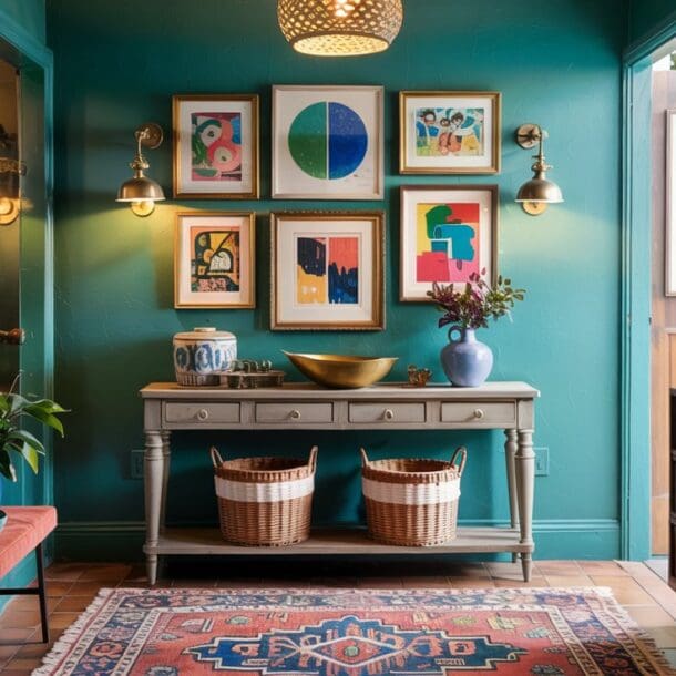 A vibrant hallway with teal walls, colorful abstract art, a decorative rug, a wooden console table with baskets underneath, and various plants and vases, creating an eclectic and welcoming atmosphere.