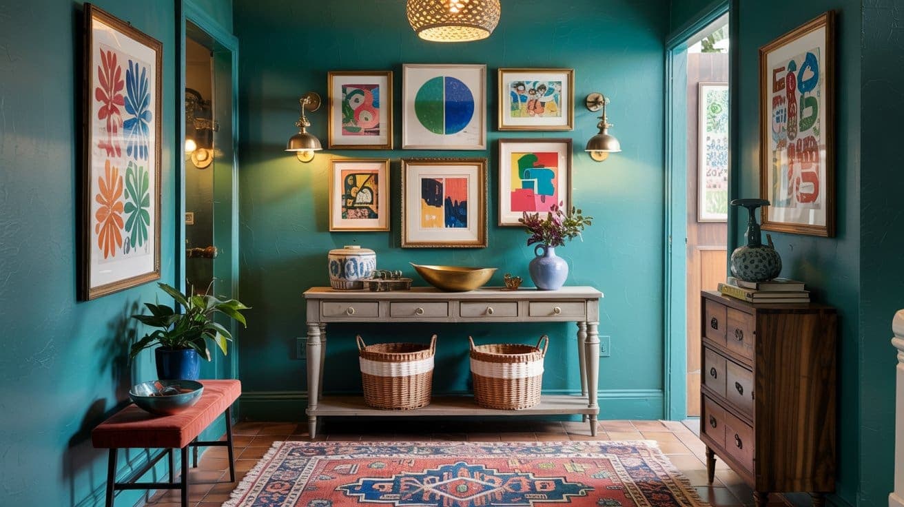 A vibrant hallway with teal walls, colorful abstract art, a decorative rug, a wooden console table with baskets underneath, and various plants and vases, creating an eclectic and welcoming atmosphere.