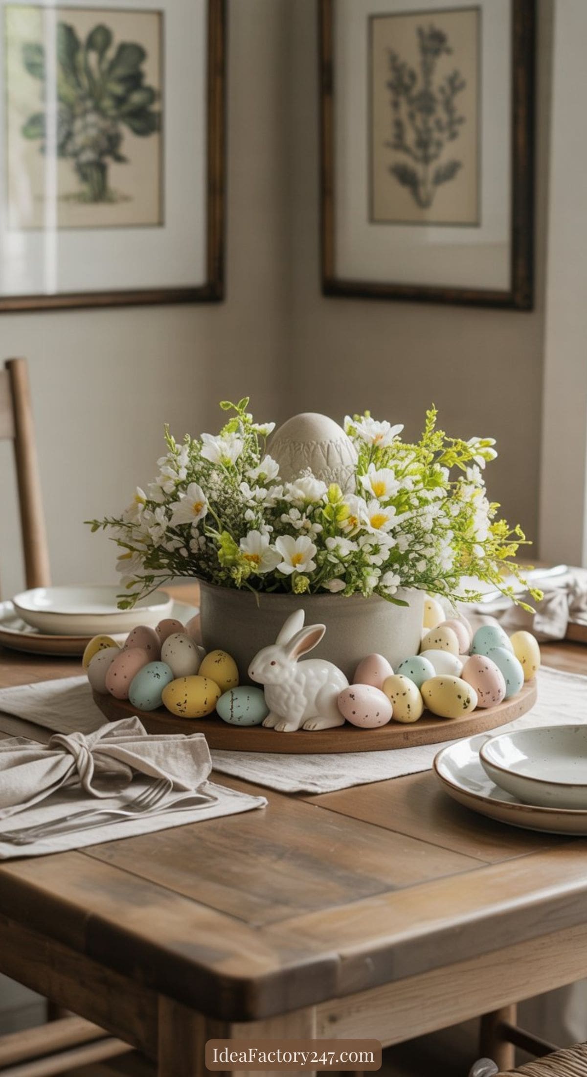 A wooden dining table set with neutral napkins features a centerpiece of white and yellow flowers, pastel-colored eggs, and a ceramic bunny, creating a spring or Easter theme. Framed botanical art hangs on the wall behind.