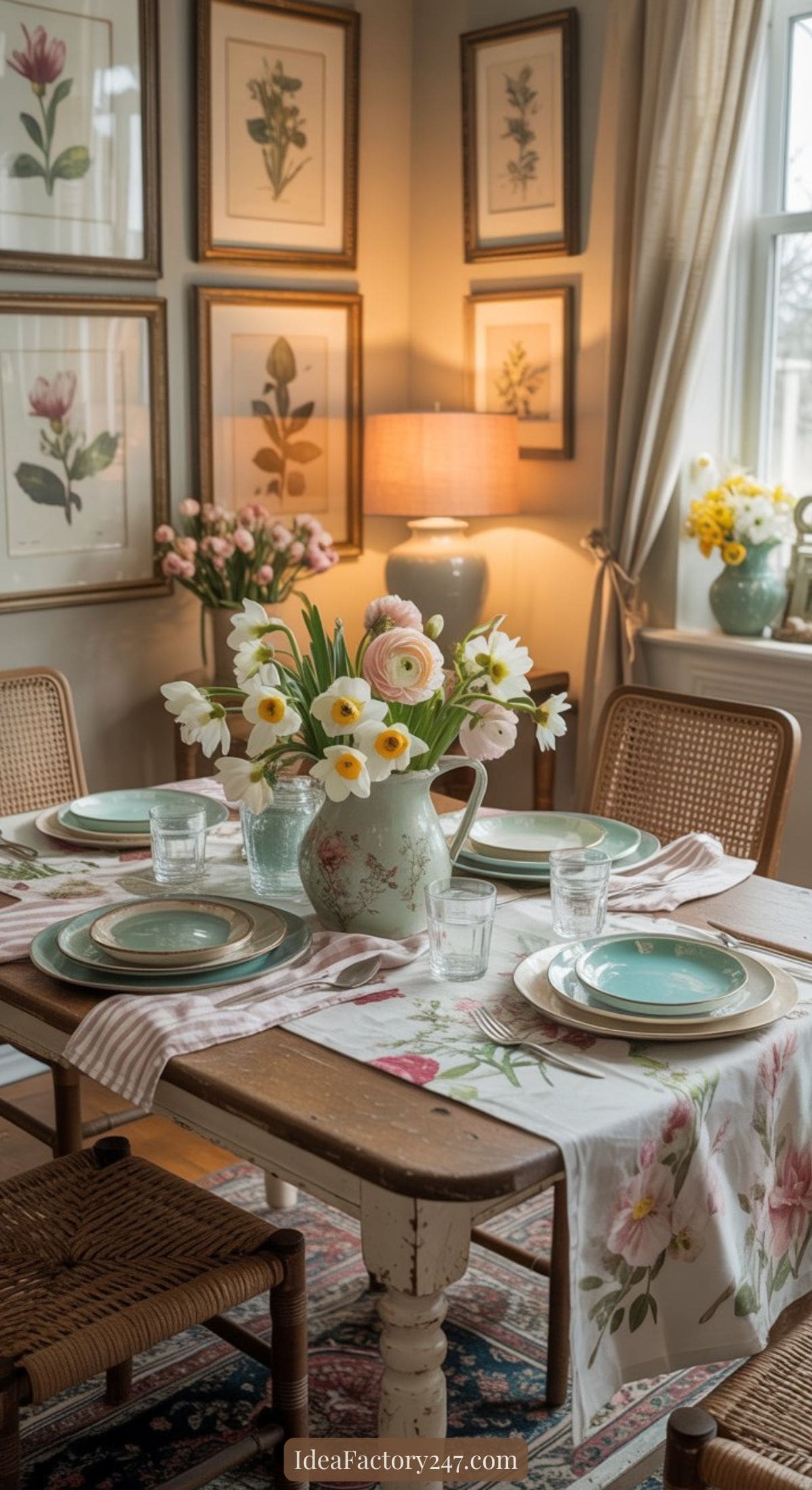 A cozy dining room with a wooden table set for four, featuring mint green plates, clear glasses, and a floral tablecloth. A vase of fresh flowers is the centerpiece. Botanical prints and soft lighting create a warm, inviting atmosphere.