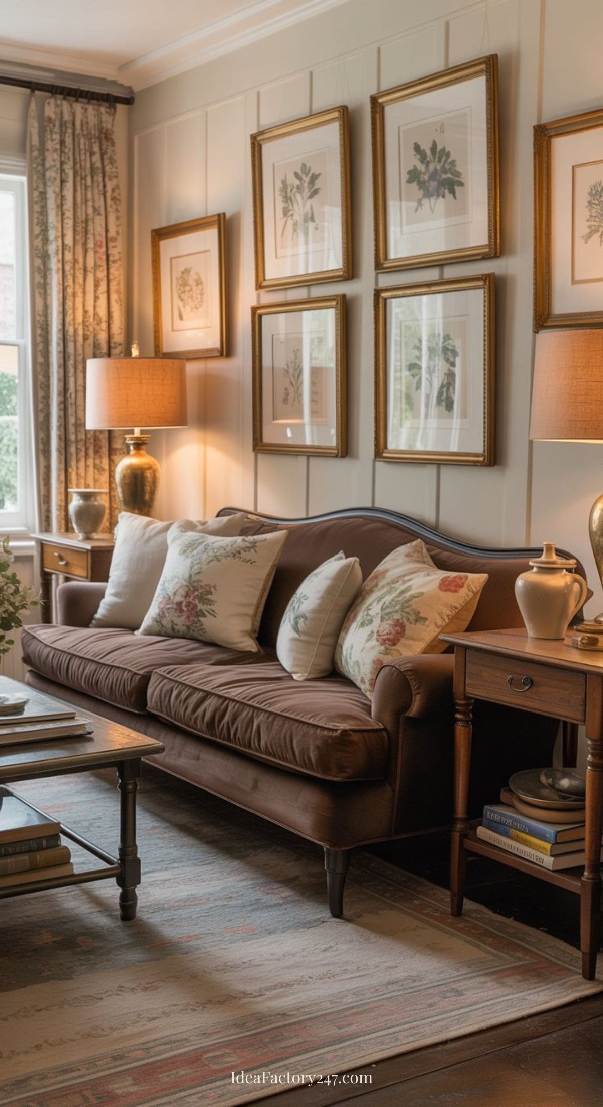 A cozy living room with a brown sofa, floral pillows, wooden side tables with lamps, framed botanical prints on the wall, and a coffee table with books on a patterned rug. Soft natural light enters through the window.