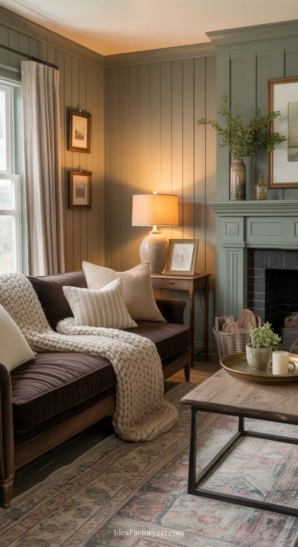 Cozy living room with wood-paneled walls, a brown sofa with knit throw and cushions, a wooden coffee table, patterned rug, table lamp, framed art, and a green-painted fireplace mantel decorated with vases and greenery.