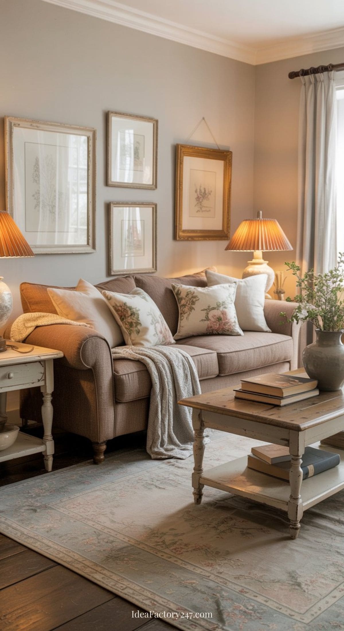A cozy living room with a beige sofa, floral cushions, a throw blanket, two side tables with lamps, framed art on the wall, a coffee table, and a light-colored rug on wooden flooring.