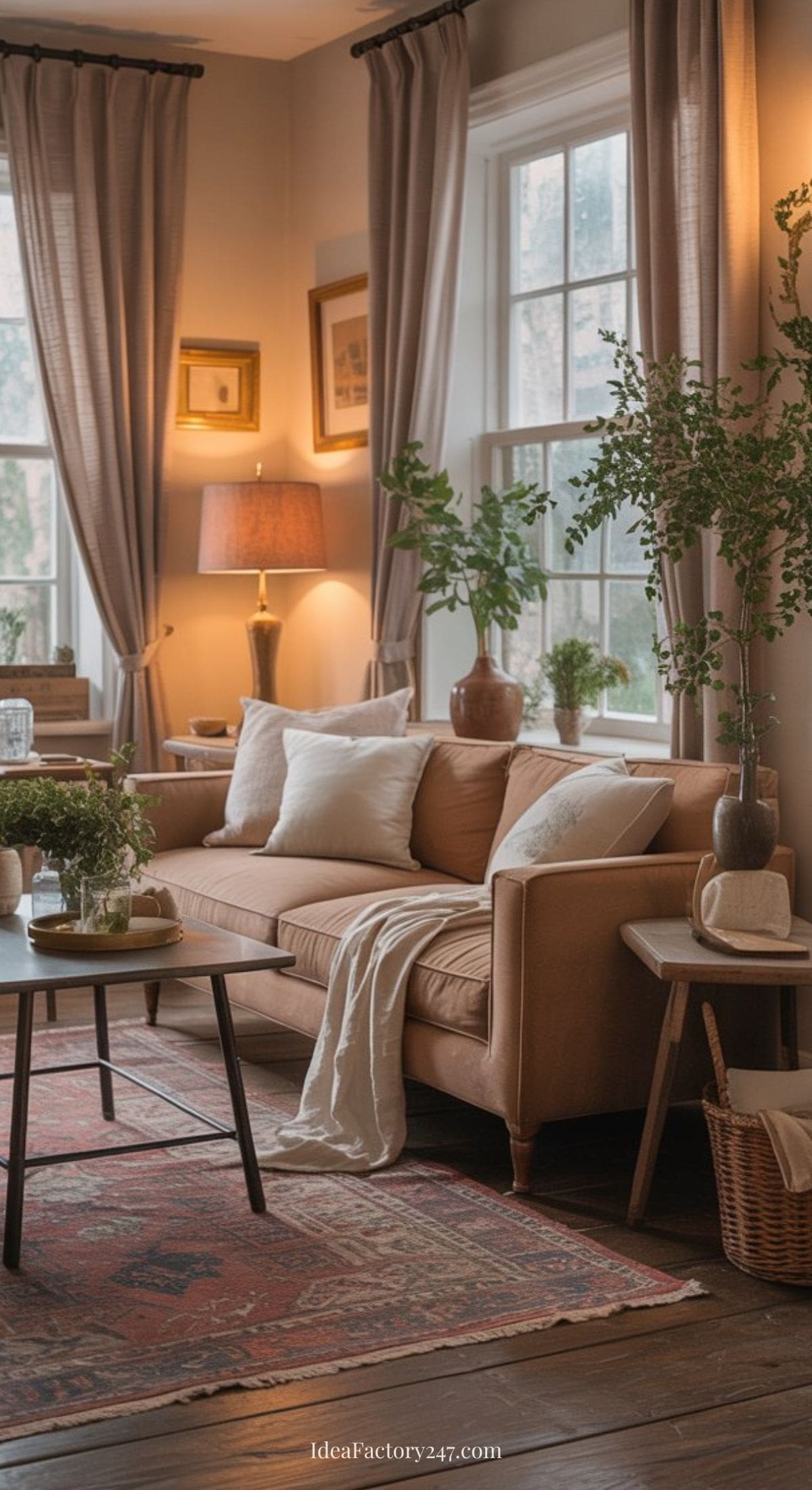 A cozy living room with a beige sofa, pillows, a white throw blanket, potted plants, a wooden coffee table, side tables, a lamp, framed art, and large windows with taupe curtains letting in natural light.