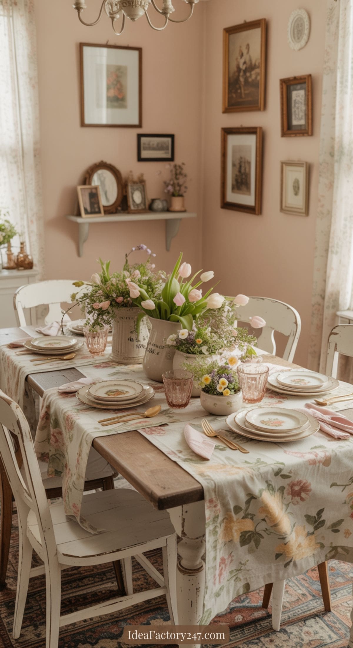 A dining table set for four with floral plates, pink glasses, and pastel napkins. The table is decorated with fresh flowers and a floral tablecloth. The room has vintage decor, framed art, and soft pink walls.