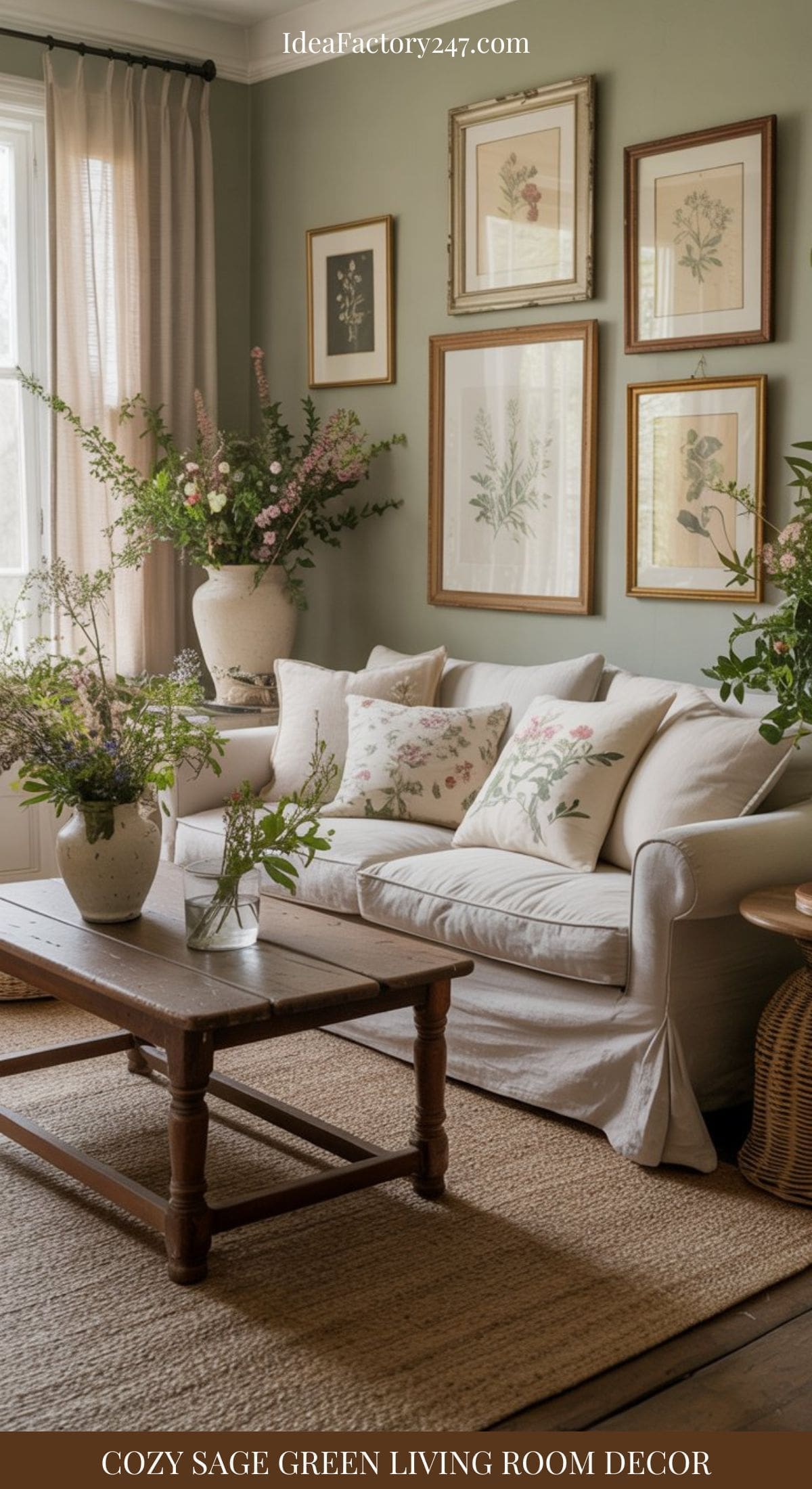 A cozy sage green living room with a white sofa and floral pillows, wooden coffee table, woven rug, and vases of fresh flowers. Botanical art prints hang on the wall while sunlight streams through sheer curtains.