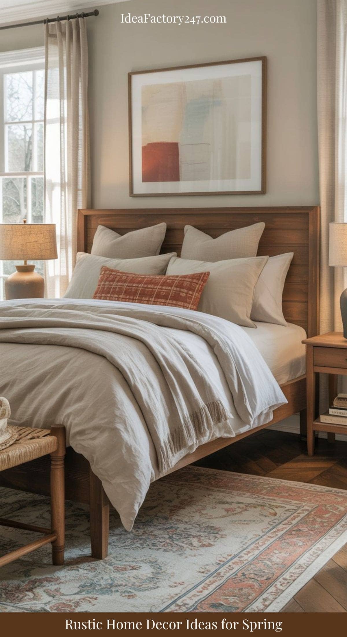 A cozy bedroom with a wooden bed, neutral bedding, textured pillows, a patterned rug, sunlight through windows, and rustic decor accents, styled for spring. Text reads: Rustic Home Decor Ideas for Spring.