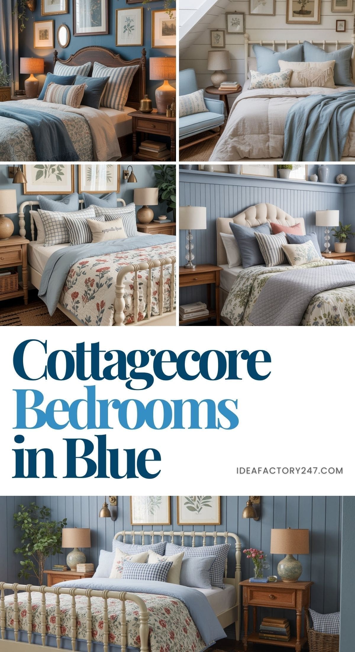 A collage of cozy cottagecore bedrooms featuring blue tones, floral patterns, wooden furniture, and soft lighting, with text that reads Cottagecore Bedrooms in Blue and ideafactory247.com.
