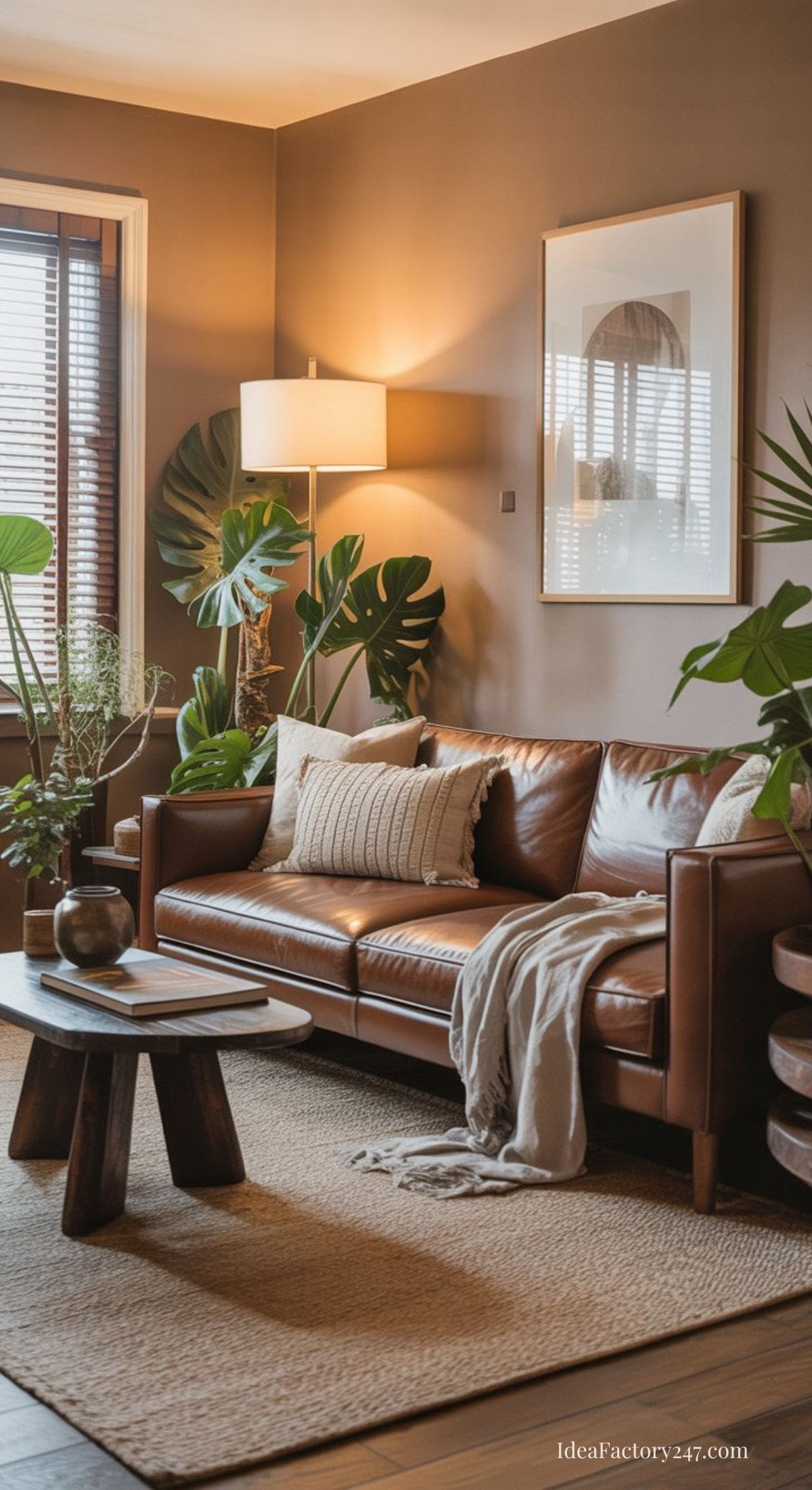 A cozy living room with a brown leather sofa, neutral pillows, a beige throw, wooden coffee table, floor lamp, houseplants, woven rug, and framed wall art. Sunlight streams in through window blinds, creating a warm atmosphere.