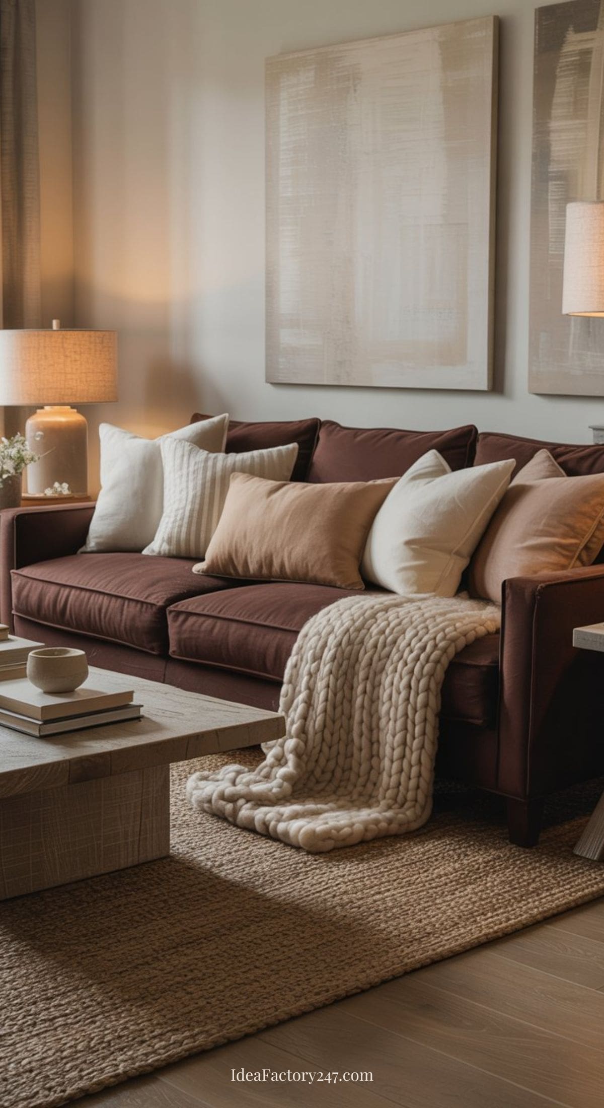A cozy living room with a brown sofa, beige and white pillows, a chunky knit blanket, a rustic wooden coffee table, neutral decor, and soft lighting from table lamps. Two abstract artworks hang on the wall above the sofa.