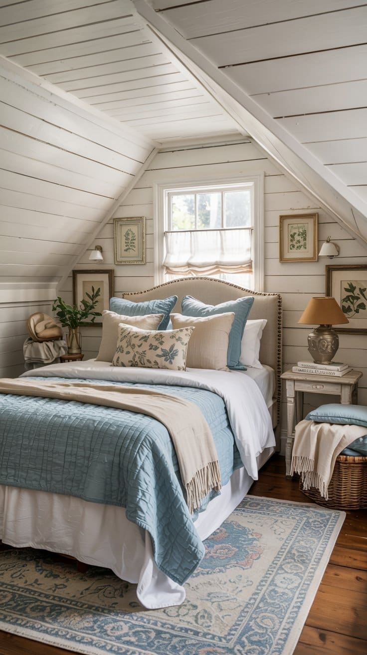 A cozy attic bedroom with white paneled walls, a double bed with blue and beige bedding, a small window above the bed, botanical wall art, a nightstand with a lamp, and a patterned rug on wooden floors.