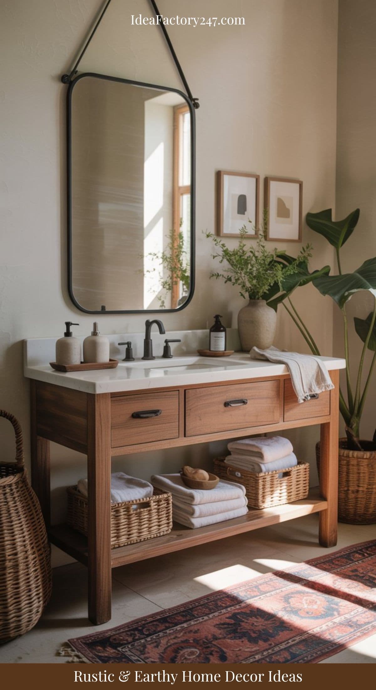A rustic bathroom features a wooden vanity with a white sink, woven baskets holding towels, plants, and a large mirror above. Sunlight streams in, highlighting earthy decor and a patterned rug.