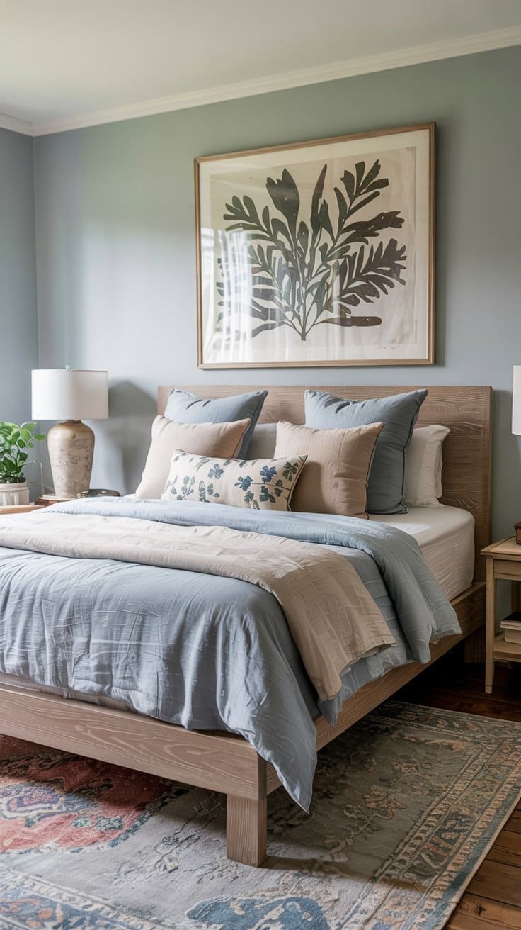 A cozy bedroom with a light wood bed frame, blue and beige bedding, multiple pillows, two bedside tables with lamps, a plant, and a large botanical artwork on the gray wall above the bed.
