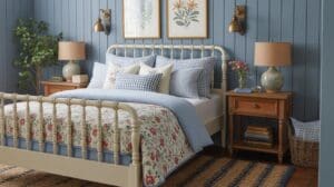 A cozy bedroom with blue paneled walls, a cream metal bed with blue and floral bedding, wooden nightstands with lamps, wall art, a potted plant, books, and fresh flowers on the bedside table.