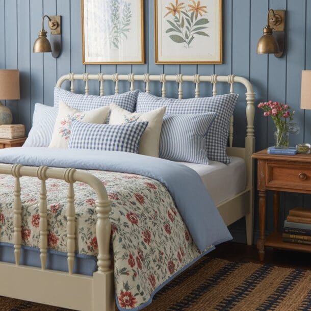 A cozy bedroom with blue paneled walls, a cream metal bed with blue and floral bedding, wooden nightstands with lamps, wall art, a potted plant, books, and fresh flowers on the bedside table.