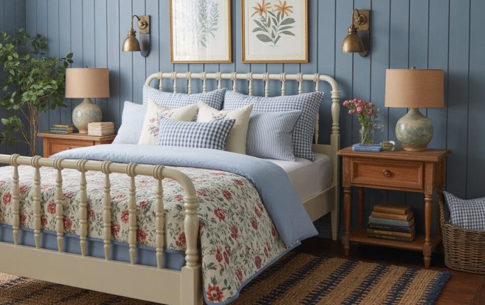 A cozy bedroom with blue paneled walls, a cream metal bed with blue and floral bedding, wooden nightstands with lamps, wall art, a potted plant, books, and fresh flowers on the bedside table.