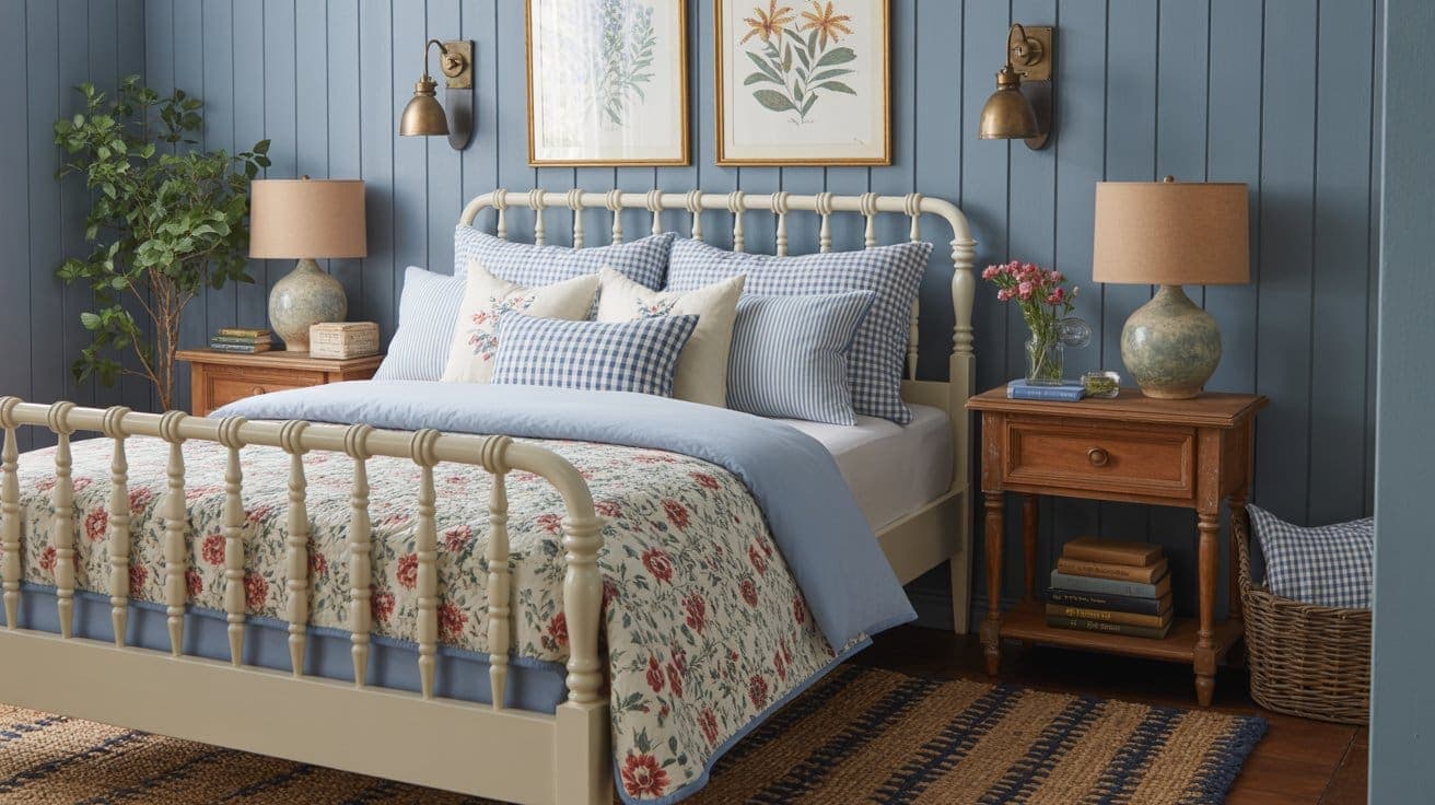 A cozy bedroom with blue paneled walls, a cream metal bed with blue and floral bedding, wooden nightstands with lamps, wall art, a potted plant, books, and fresh flowers on the bedside table.