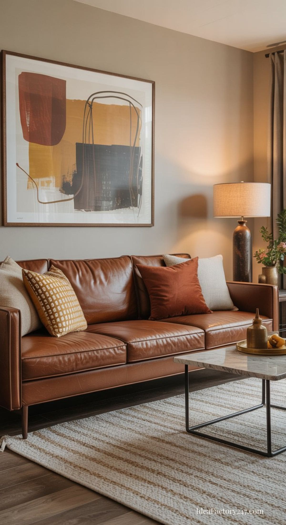 A modern living room with a brown leather sofa, earth-toned throw pillows, a beige rug, a marble coffee table, a table lamp, and abstract wall art in shades of brown and gold.