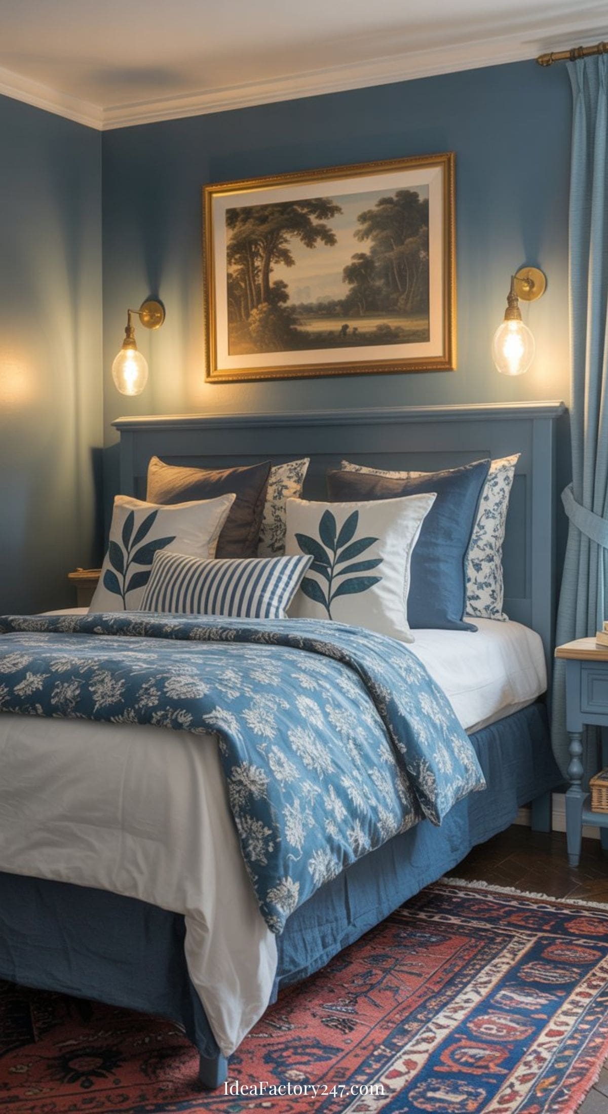 A cozy bedroom with a blue and white color scheme, featuring a bed with patterned bedding, decorative pillows, wall-mounted reading lights, a framed landscape painting above the bed, and a vintage rug on the floor.
