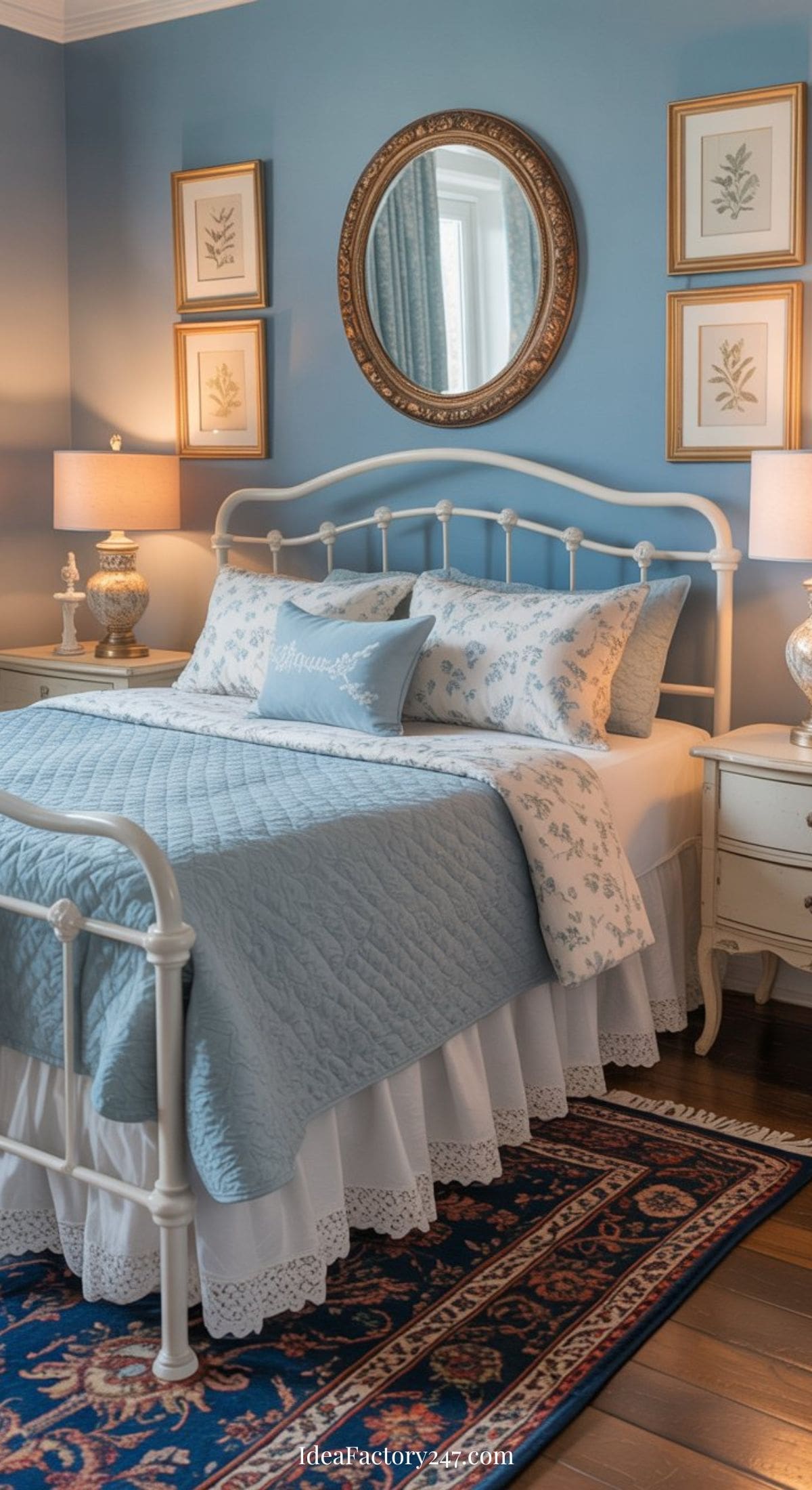 A cozy bedroom with a wrought iron bed, blue floral bedding, and white lace-trimmed bed skirt. Blue walls, framed botanical prints, a round mirror, bedside tables with lamps, and a patterned rug complete the decor.