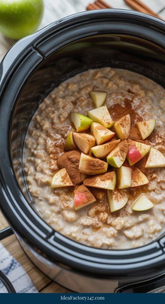 A slow cooker filled with oatmeal topped with chopped apple pieces and sprinkled with cinnamon. An uncut green apple and cinnamon sticks are visible in the background.