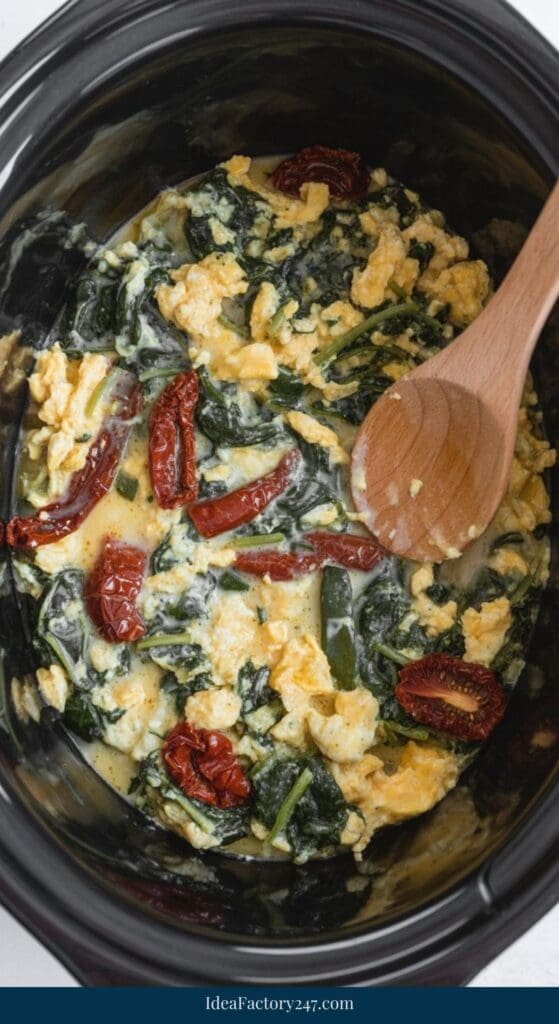 Scrambled eggs mixed with spinach and sun-dried tomatoes in a black slow cooker, being stirred with a wooden spoon.