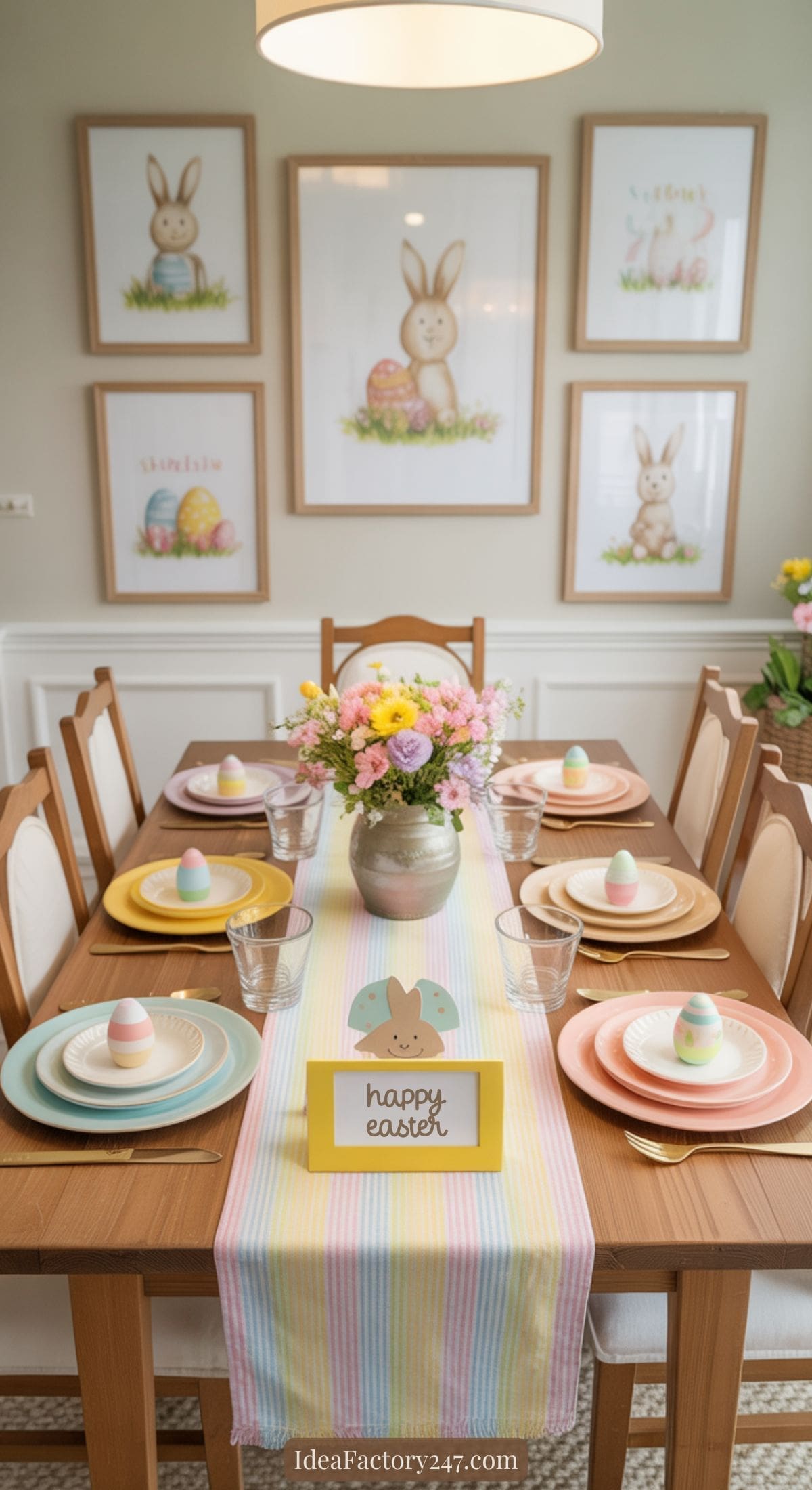 A dining table set for Easter with pastel plates, striped table runner, decorative eggs, and a flower centerpiece. Framed bunny artwork decorates the wall in the background.
