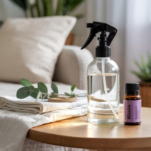 A glass spray bottle, a small bottle labeled Cedarline, folded linens, and a wooden tray with green leaves rest on a round wooden table in a cozy living room with plants and a beige sofa in the background.