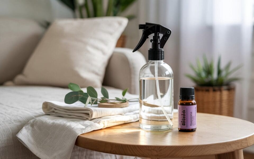 A glass spray bottle, a small bottle labeled Cedarline, folded linens, and a wooden tray with green leaves rest on a round wooden table in a cozy living room with plants and a beige sofa in the background.