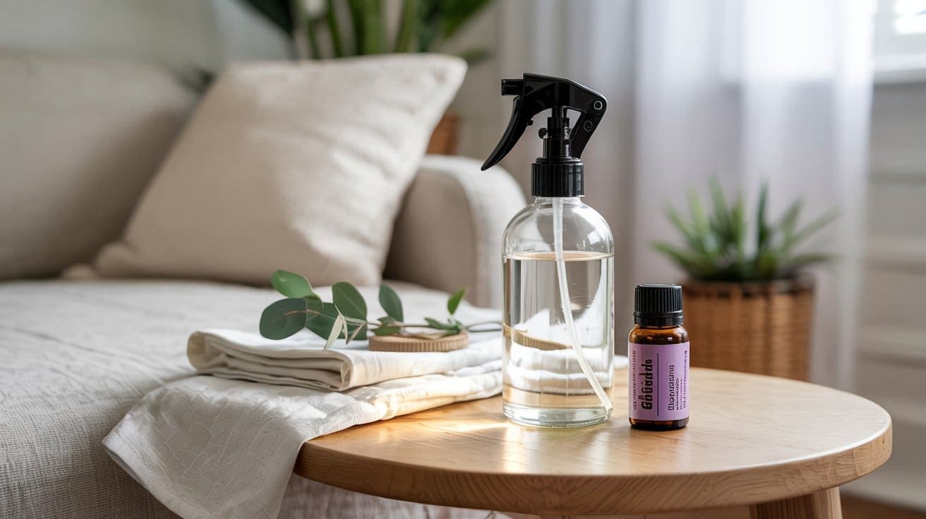 A glass spray bottle, a small bottle labeled Cedarline, folded linens, and a wooden tray with green leaves rest on a round wooden table in a cozy living room with plants and a beige sofa in the background.