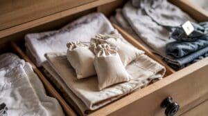 A wooden drawer neatly organized with folded clothes and three small diy sachets placed on top of beige linens. The drawer is divided into sections with light and dark garments.