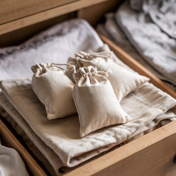 A wooden drawer neatly organized with folded clothes and three small diy sachets placed on top of beige linens. The drawer is divided into sections with light and dark garments.