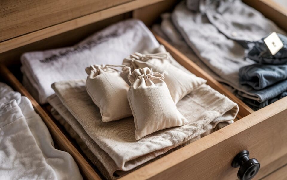 A wooden drawer neatly organized with folded clothes and three small diy sachets placed on top of beige linens. The drawer is divided into sections with light and dark garments.