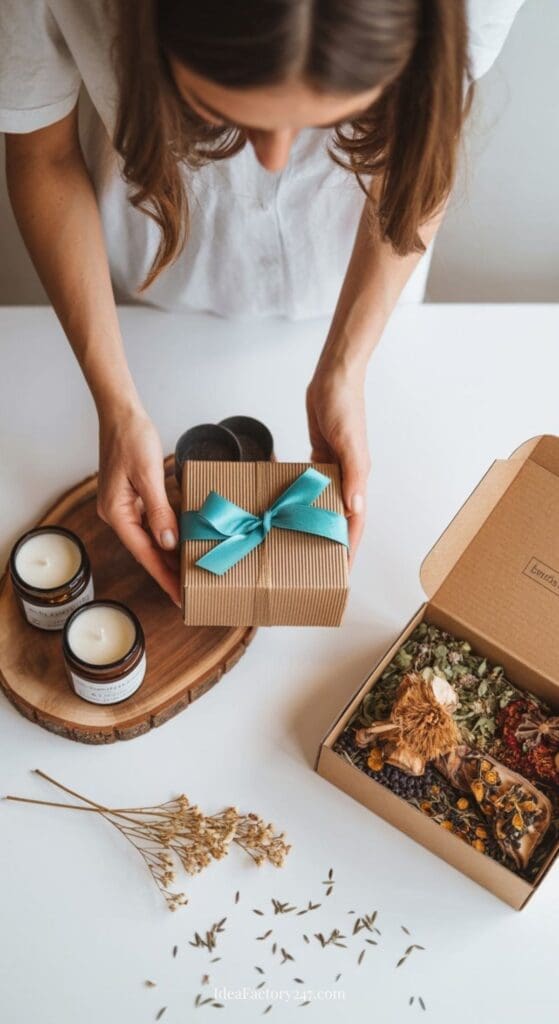 A woman arranges a gift box tied with a teal ribbon next to natural candles, dried flowers, and an open box filled with herbal potpourri on a white table.
