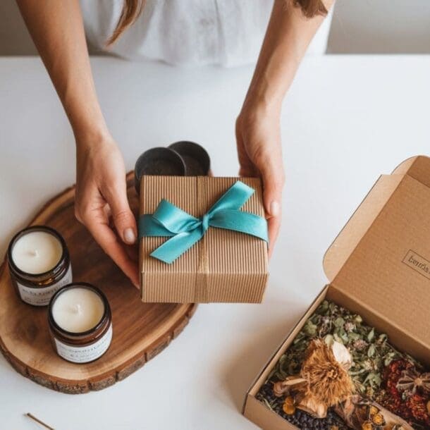 A woman arranges a gift box tied with a teal ribbon next to natural candles, dried flowers, and an open box filled with herbal potpourri on a white table.