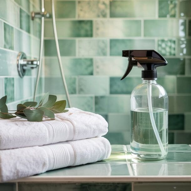A glass spray bottle filled with clear liquid sits next to two folded white towels with a sprig of greenery on top, set on a green-tiled bathroom counter near a window and shower.