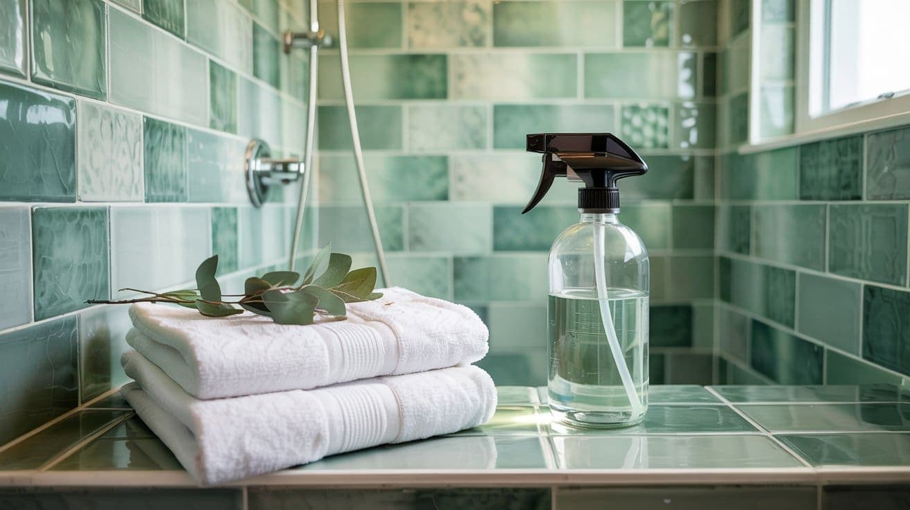 A glass spray bottle filled with clear liquid sits next to two folded white towels with a sprig of greenery on top, set on a green-tiled bathroom counter near a window and shower.