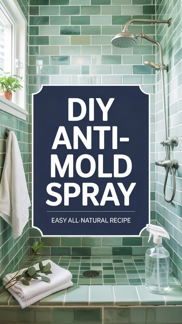 A shower with green tiles, a towel hanging on the wall, a small plant, and a spray bottle on a bench. Text overlay reads: DIY Anti-Mold Spray. Easy All-Natural Recipe.