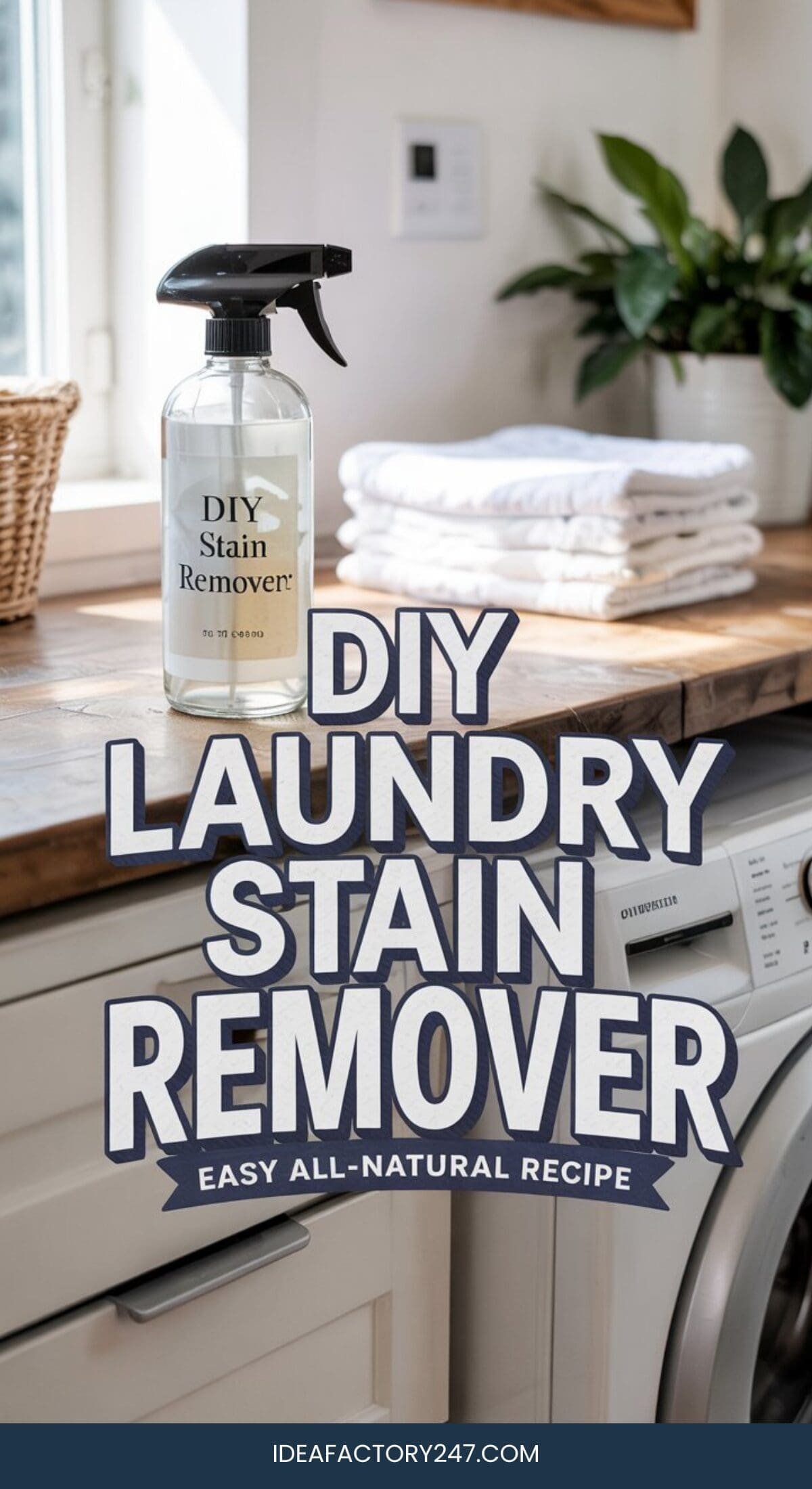 A spray bottle labeled DIY Laundry Stain Remover sits on a wooden counter beside folded towels and a washing machine, with large text reading DIY Laundry Stain Remover – Easy All-Natural Recipe.