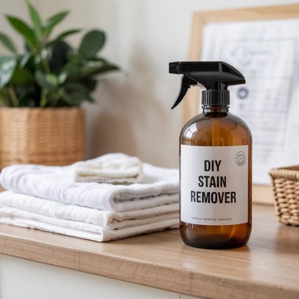 A spray bottle labeled DIY Laundry Stain Remover sits on a wooden counter next to neatly folded white towels. Potted plants and a wicker basket in the background complete this tidy, homey laundry room scene.
