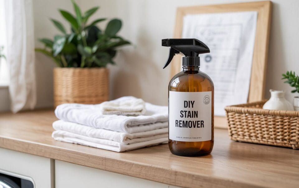A spray bottle labeled DIY Laundry Stain Remover sits on a wooden counter next to neatly folded white towels. Potted plants and a wicker basket in the background complete this tidy, homey laundry room scene.