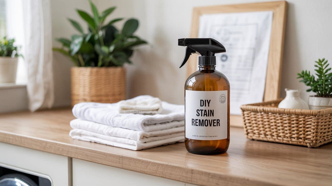 A spray bottle labeled DIY Laundry Stain Remover sits on a wooden counter next to neatly folded white towels. Potted plants and a wicker basket in the background complete this tidy, homey laundry room scene.